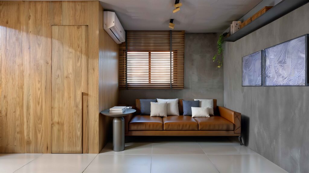 Studio Rocha: sala com painel em madeira e parede de concreto