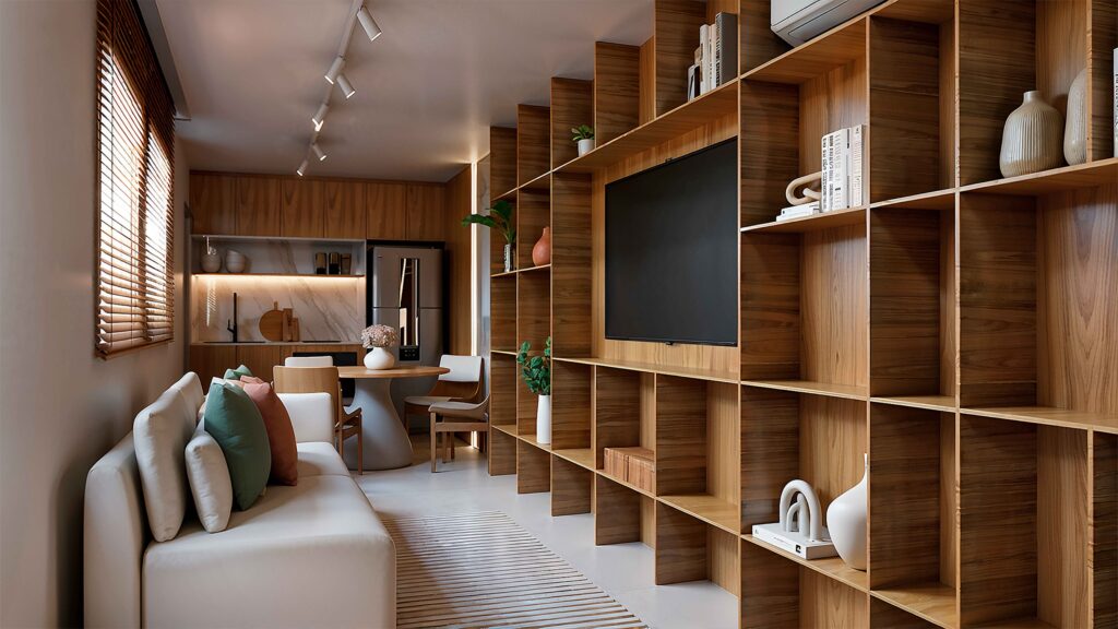 Studio Elegância: estante em madeira e sala